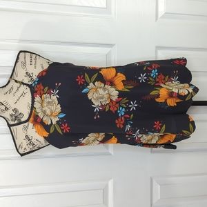 Navy and Floral Blouse, Scallop Neckline and Hemline